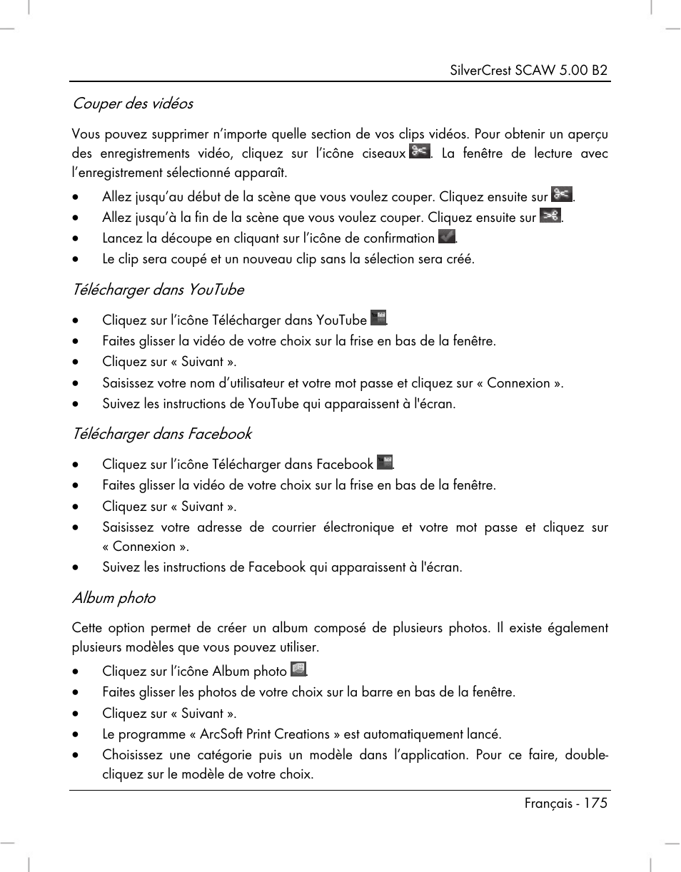 Couper des vidéos, Télécharger dans youtube, Télécharger dans facebook | Album photo | Silvercrest SCAW 5.00 B2 User Manual | Page 177 / 364