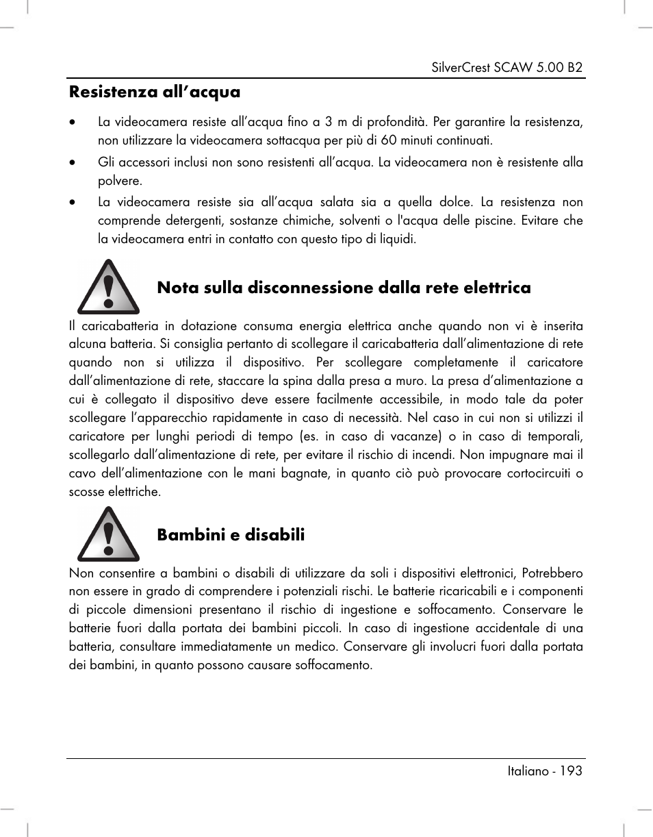 Resistenza all’acqua, Nota sulla disconnessione dalla rete elettrica, Bambini e disabili | Silvercrest SCAW 5.00 B2 User Manual | Page 195 / 364