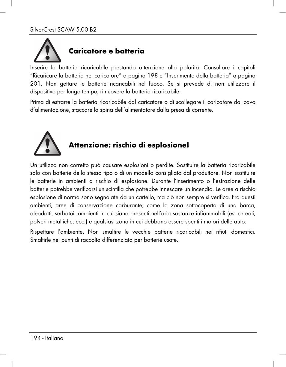 Caricatore e batteria, Attenzione: rischio di esplosione | Silvercrest SCAW 5.00 B2 User Manual | Page 196 / 364
