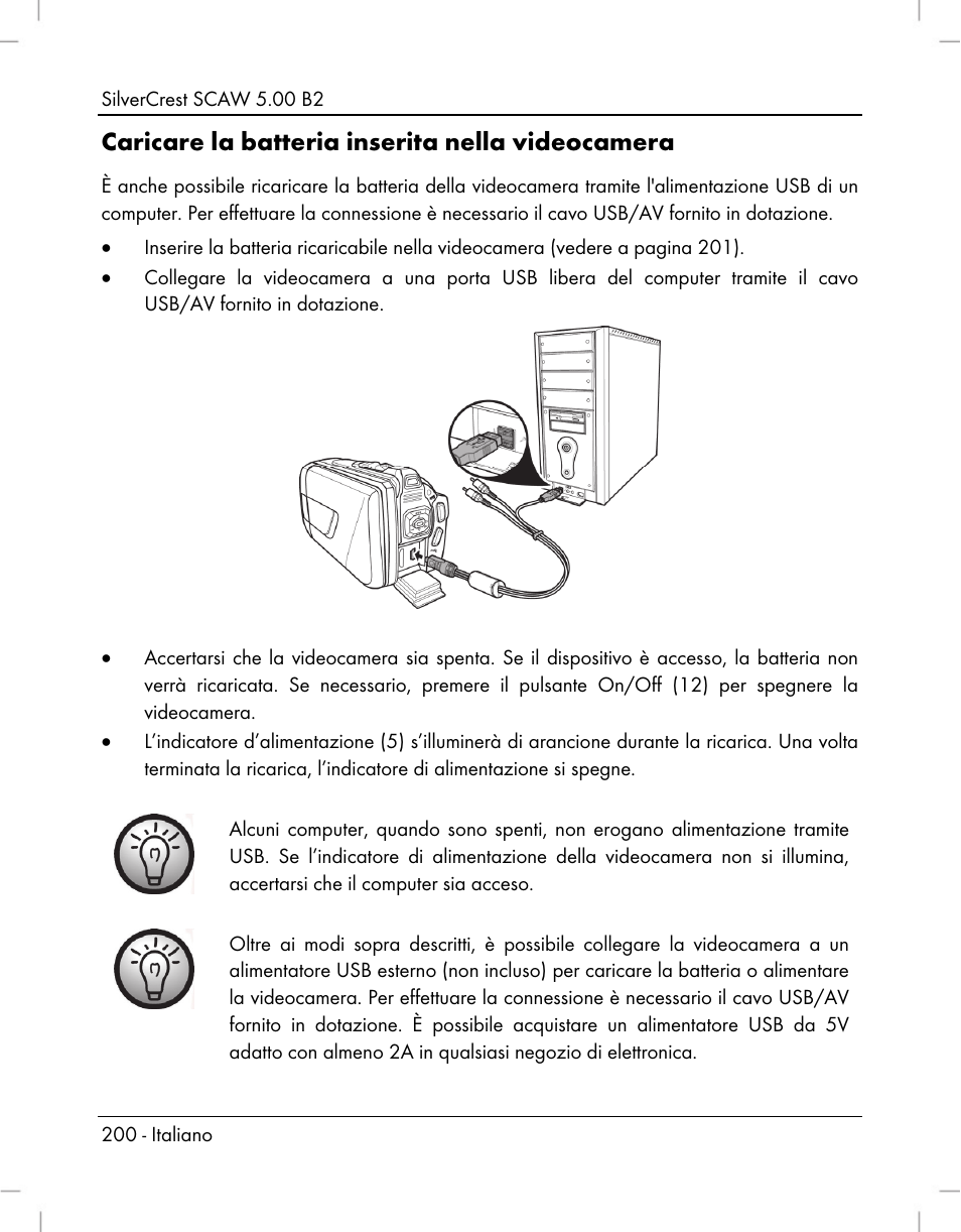 Caricare la batteria inserita nella videocamera | Silvercrest SCAW 5.00 B2 User Manual | Page 202 / 364