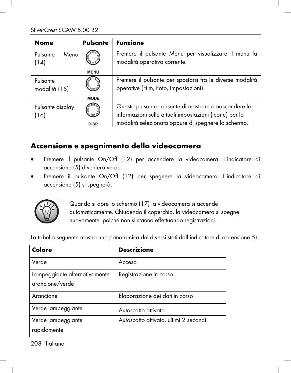 Accensione e spegnimento della videocamera | Silvercrest SCAW 5.00 B2 User Manual | Page 210 / 364