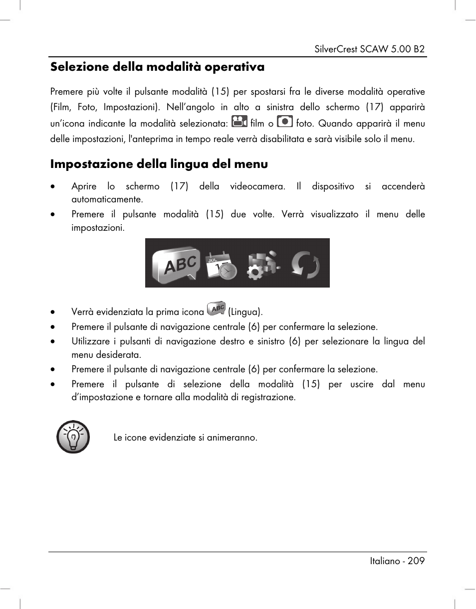 Selezione della modalità operativa, Impostazione della lingua del menu | Silvercrest SCAW 5.00 B2 User Manual | Page 211 / 364