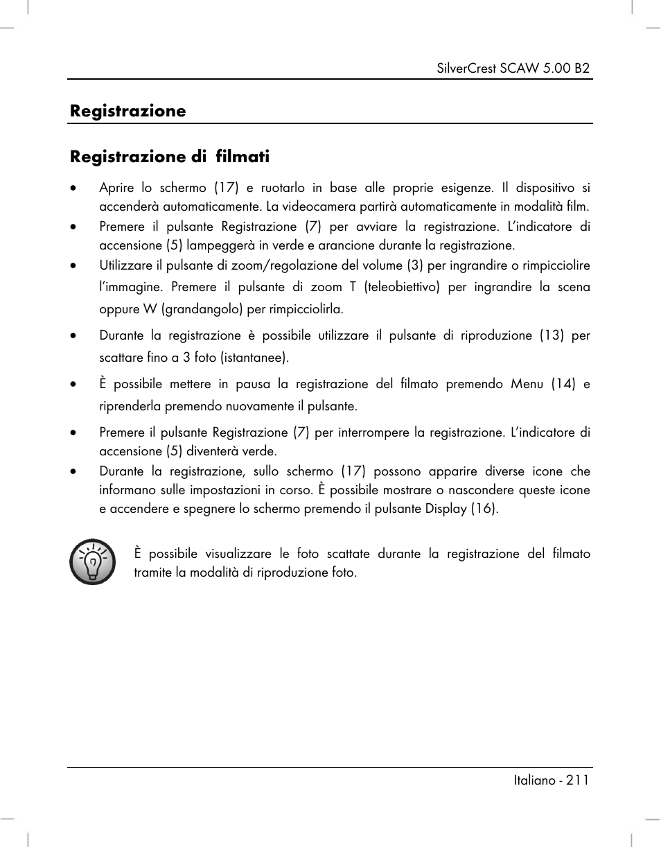 Registrazione registrazione di filmati | Silvercrest SCAW 5.00 B2 User Manual | Page 213 / 364