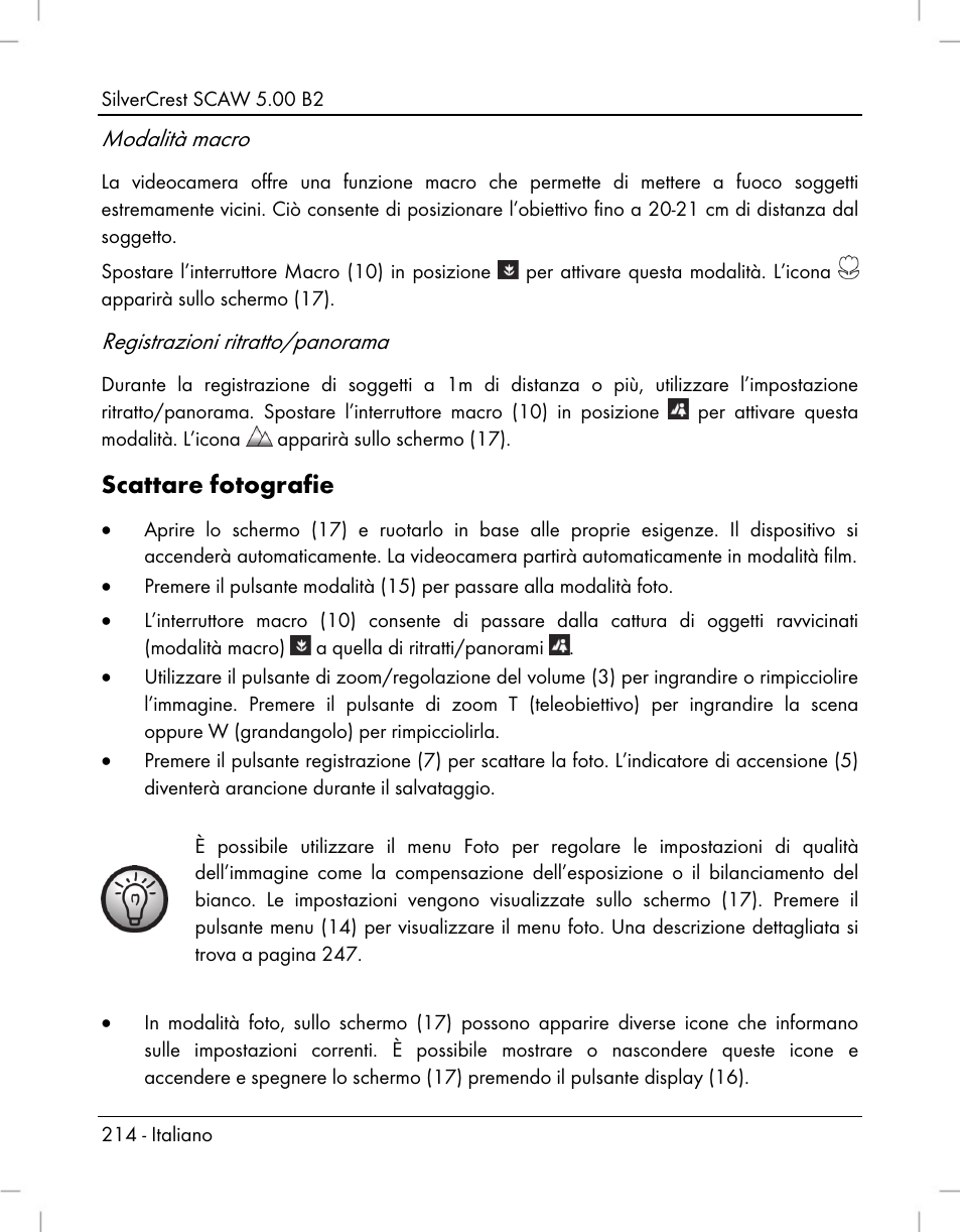 Scattare fotografie, Modalità macro, Registrazioni ritratto/panorama | Silvercrest SCAW 5.00 B2 User Manual | Page 216 / 364