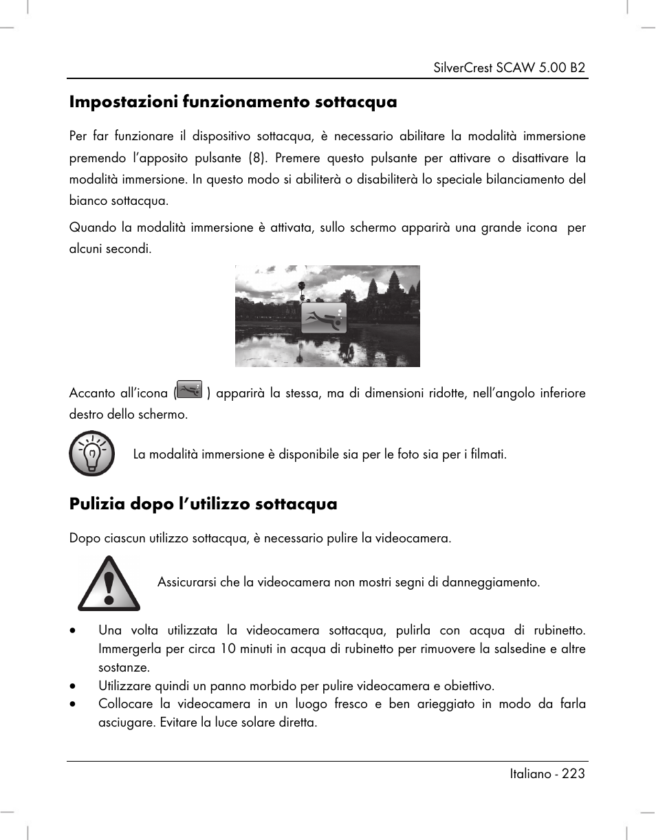 Impostazioni funzionamento sottacqua, Pulizia dopo l’utilizzo sottacqua | Silvercrest SCAW 5.00 B2 User Manual | Page 225 / 364