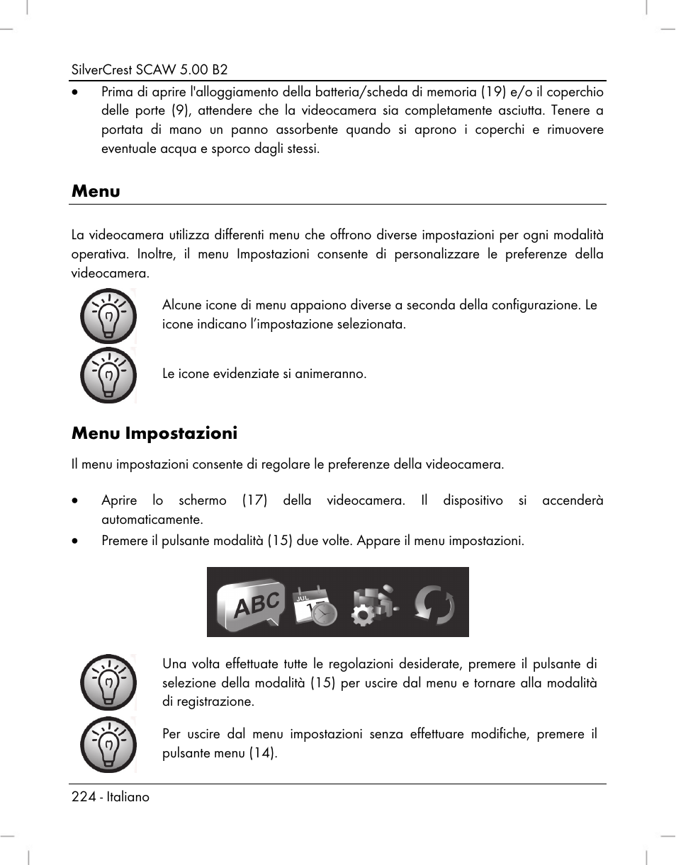 Menu, Menu impostazioni | Silvercrest SCAW 5.00 B2 User Manual | Page 226 / 364