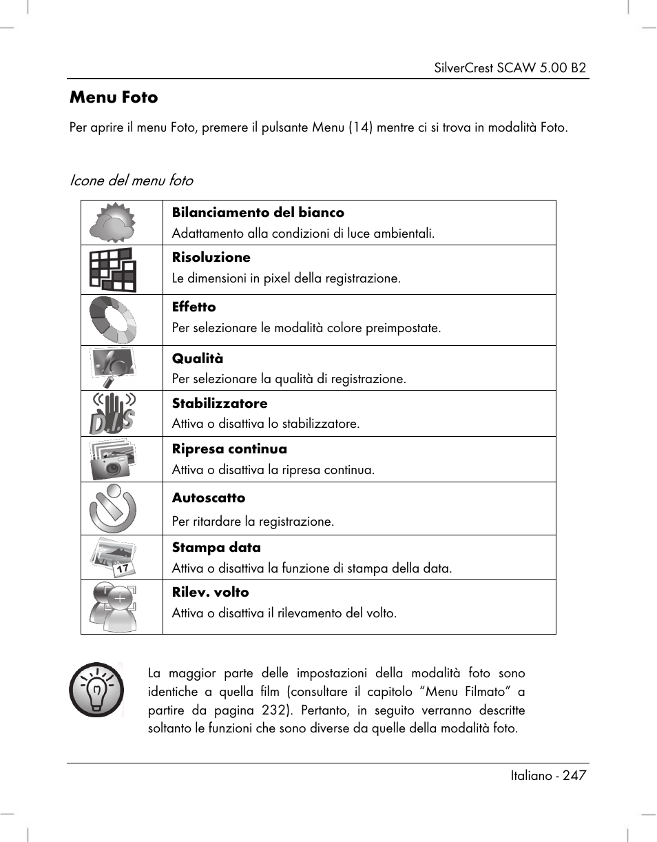 Menu foto, Icone del menu foto | Silvercrest SCAW 5.00 B2 User Manual | Page 249 / 364