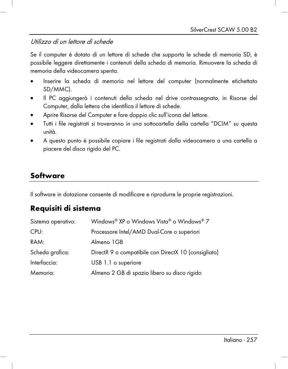 Software, Requisiti di sistema, Utilizzo di un lettore di schede | Silvercrest SCAW 5.00 B2 User Manual | Page 259 / 364