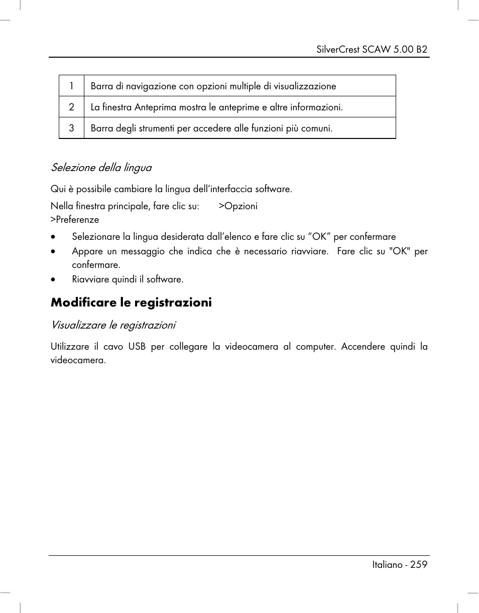 Modificare le registrazioni, Selezione della lingua, Visualizzare le registrazioni | Silvercrest SCAW 5.00 B2 User Manual | Page 261 / 364