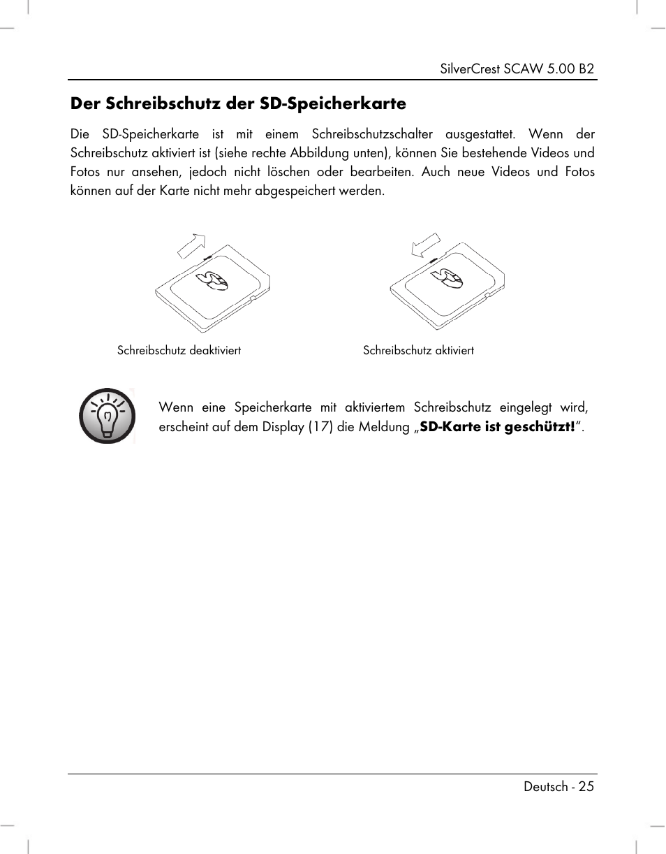 Der schreibschutz der sd-speicherkarte | Silvercrest SCAW 5.00 B2 User Manual | Page 27 / 364