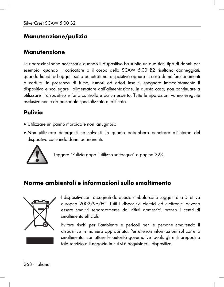 Manutenzione/pulizia manutenzione, Pulizia, Norme ambientali e informazioni sullo smaltimento | Silvercrest SCAW 5.00 B2 User Manual | Page 270 / 364