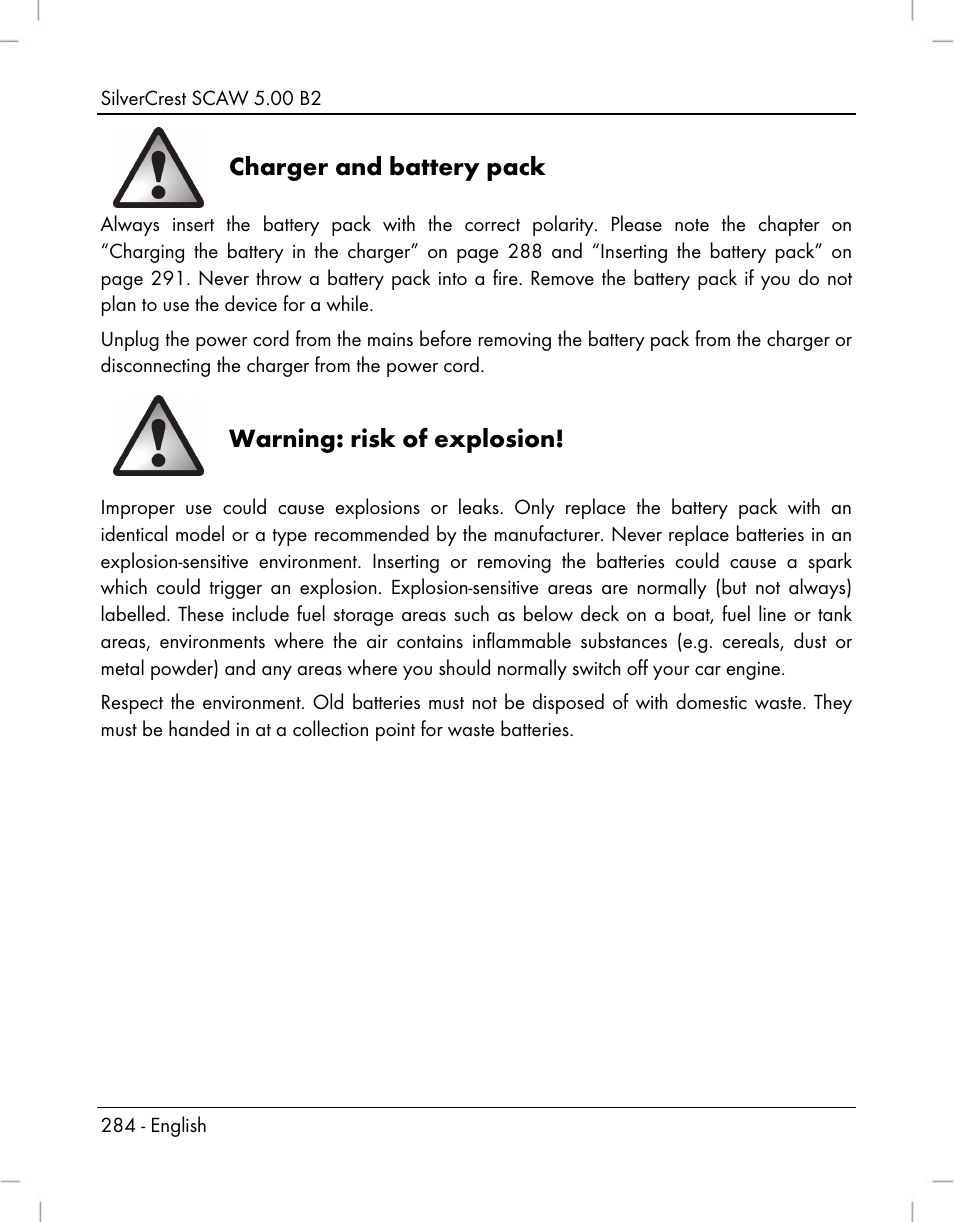 Charger and battery pack, Warning: risk of explosion | Silvercrest SCAW 5.00 B2 User Manual | Page 286 / 364