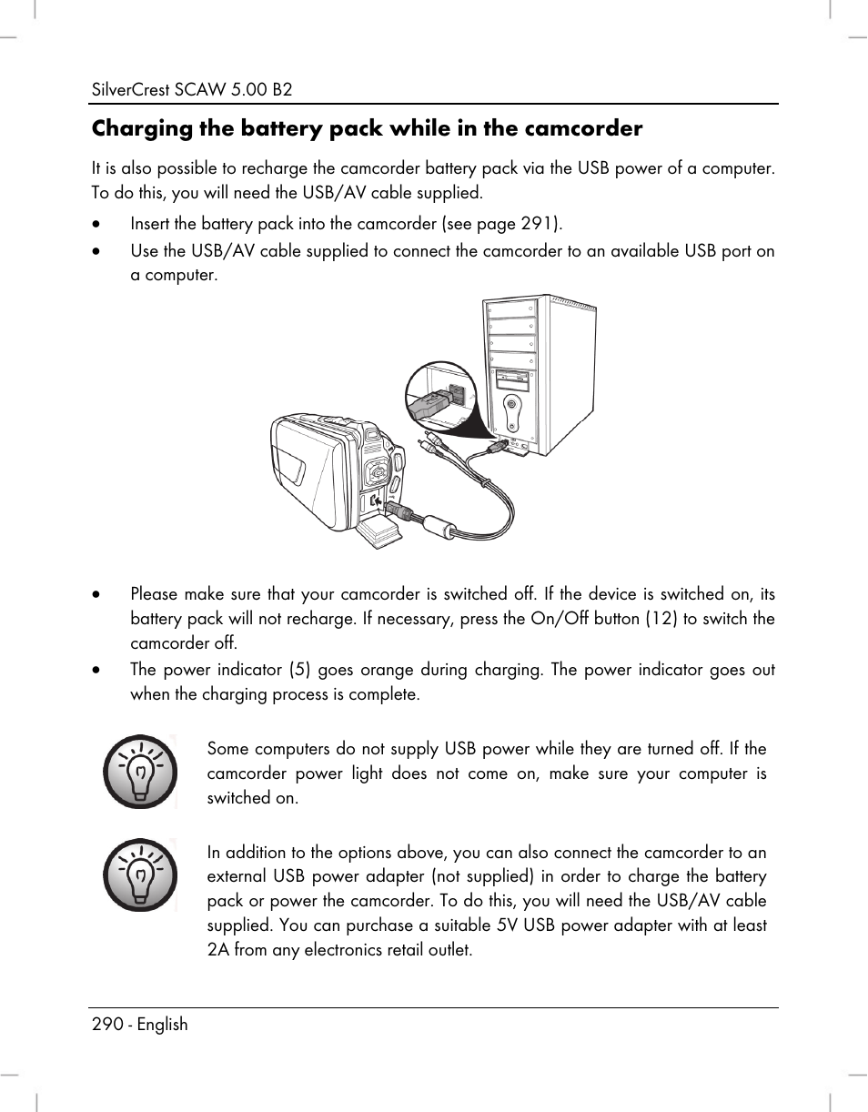 Charging the battery pack while in the camcorder | Silvercrest SCAW 5.00 B2 User Manual | Page 292 / 364