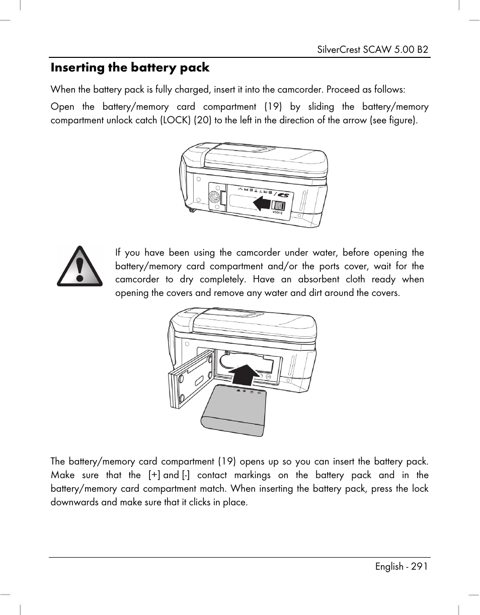 Inserting the battery pack | Silvercrest SCAW 5.00 B2 User Manual | Page 293 / 364
