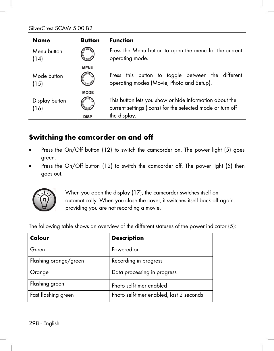 Switching the camcorder on and off | Silvercrest SCAW 5.00 B2 User Manual | Page 300 / 364