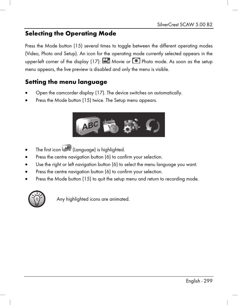 Selecting the operating mode, Setting the menu language | Silvercrest SCAW 5.00 B2 User Manual | Page 301 / 364
