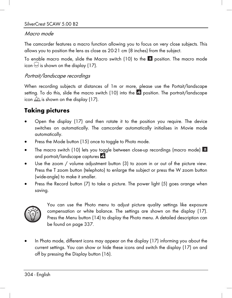 Taking pictures, Macro mode, Portrait/landscape recordings | Silvercrest SCAW 5.00 B2 User Manual | Page 306 / 364