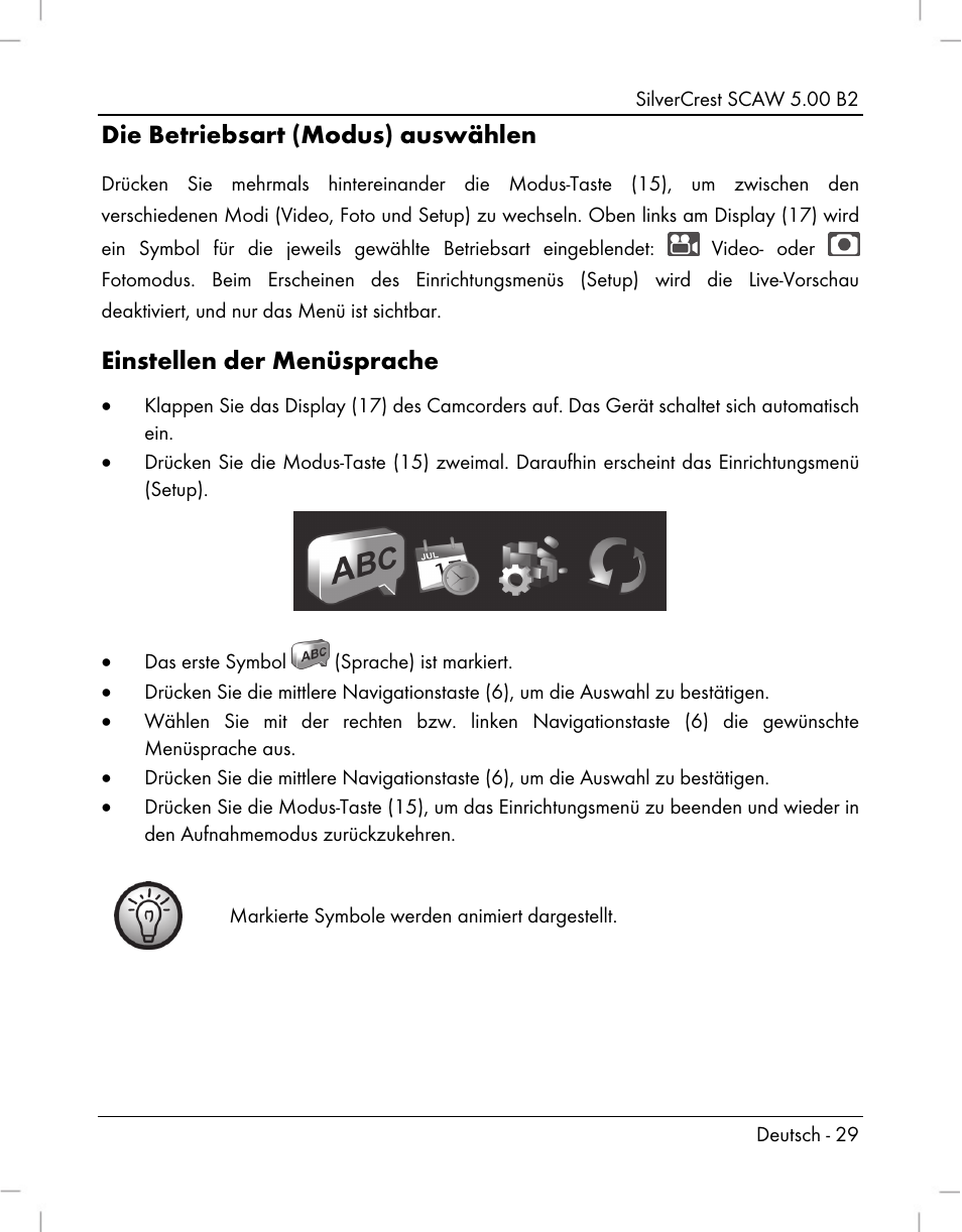 Die betriebsart (modus) auswählen, Einstellen der menüsprache | Silvercrest SCAW 5.00 B2 User Manual | Page 31 / 364