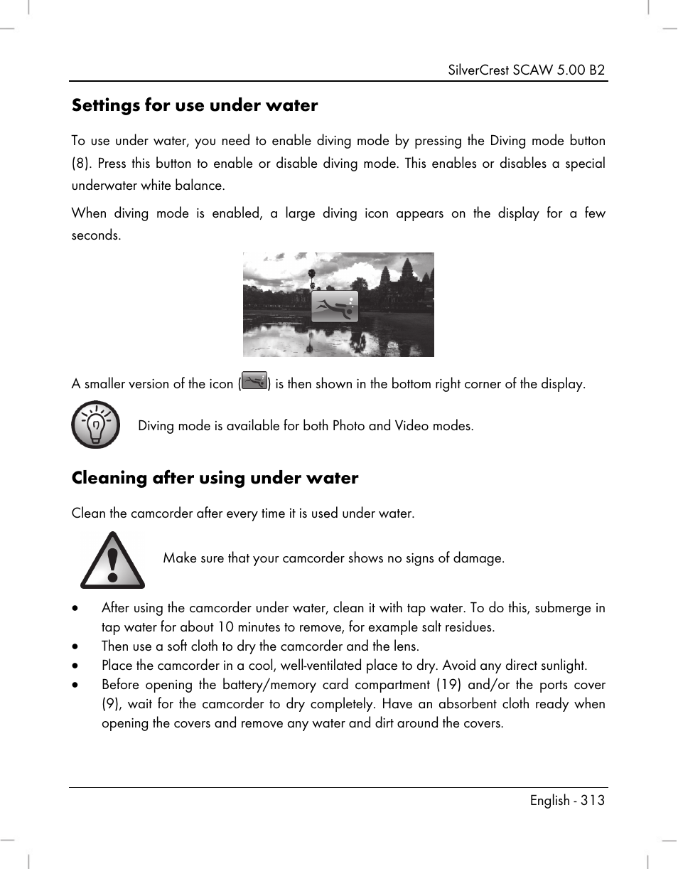 Settings for use under water, Cleaning after using under water | Silvercrest SCAW 5.00 B2 User Manual | Page 315 / 364