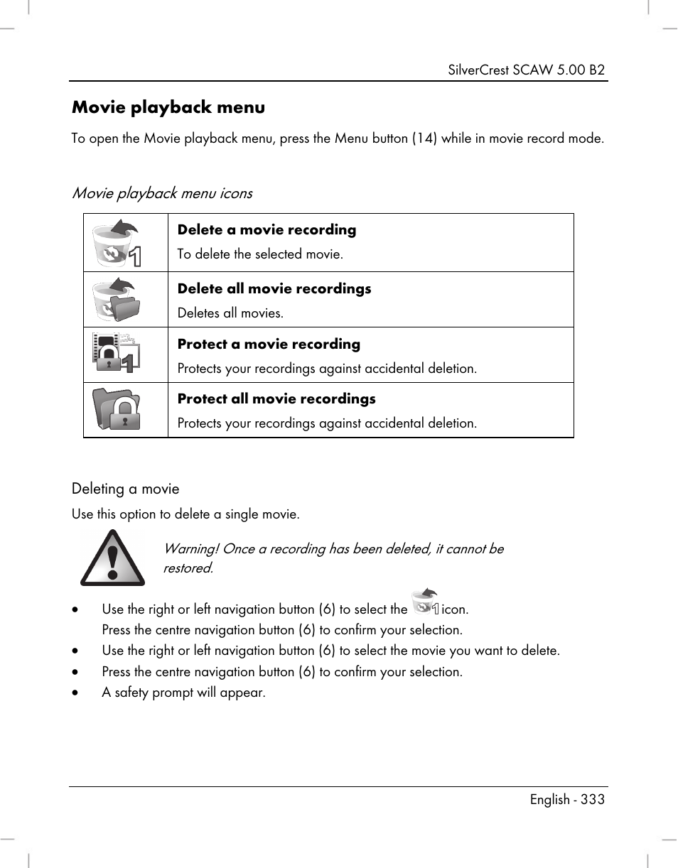 Movie playback menu, Movie playback menu icons | Silvercrest SCAW 5.00 B2 User Manual | Page 335 / 364
