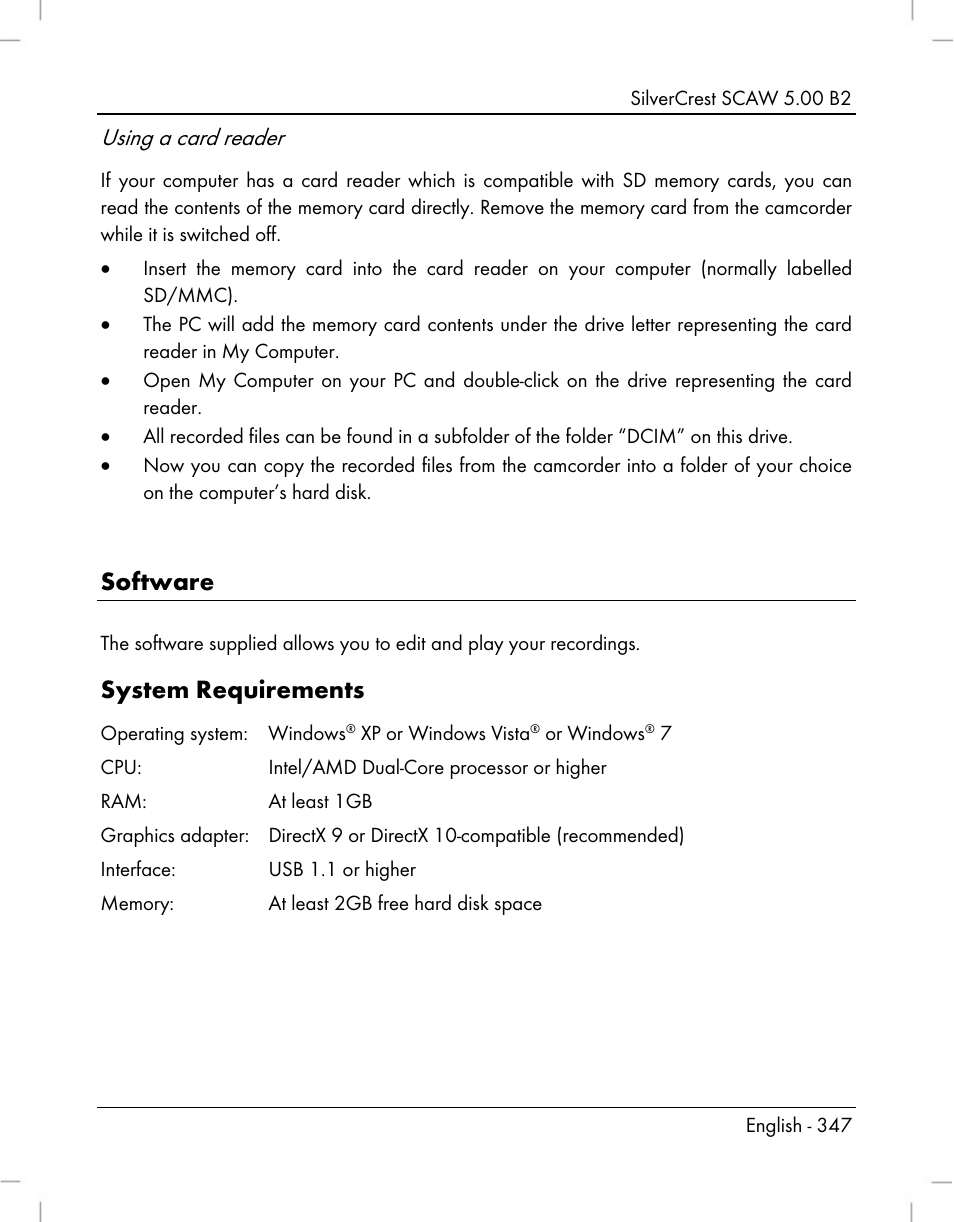 Software, System requirements, Using a card reader | Silvercrest SCAW 5.00 B2 User Manual | Page 349 / 364