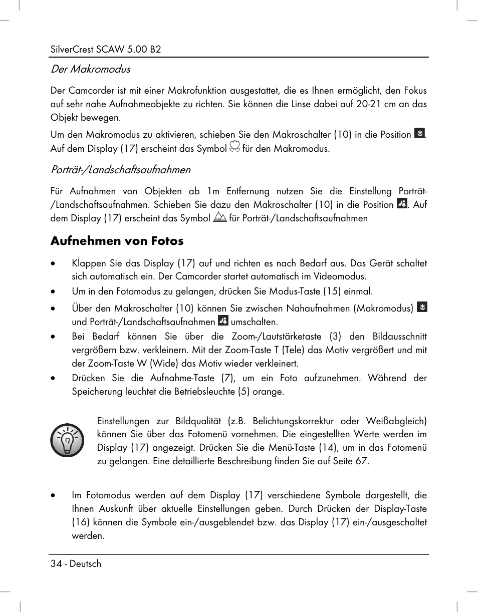 Aufnehmen von fotos, Der makromodus, Porträt-/landschaftsaufnahmen | Silvercrest SCAW 5.00 B2 User Manual | Page 36 / 364