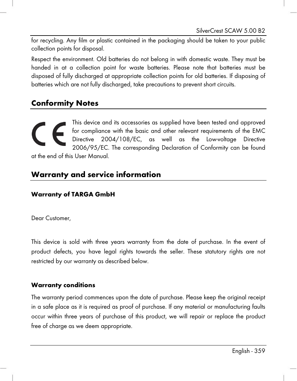 Warranty and service information | Silvercrest SCAW 5.00 B2 User Manual | Page 361 / 364