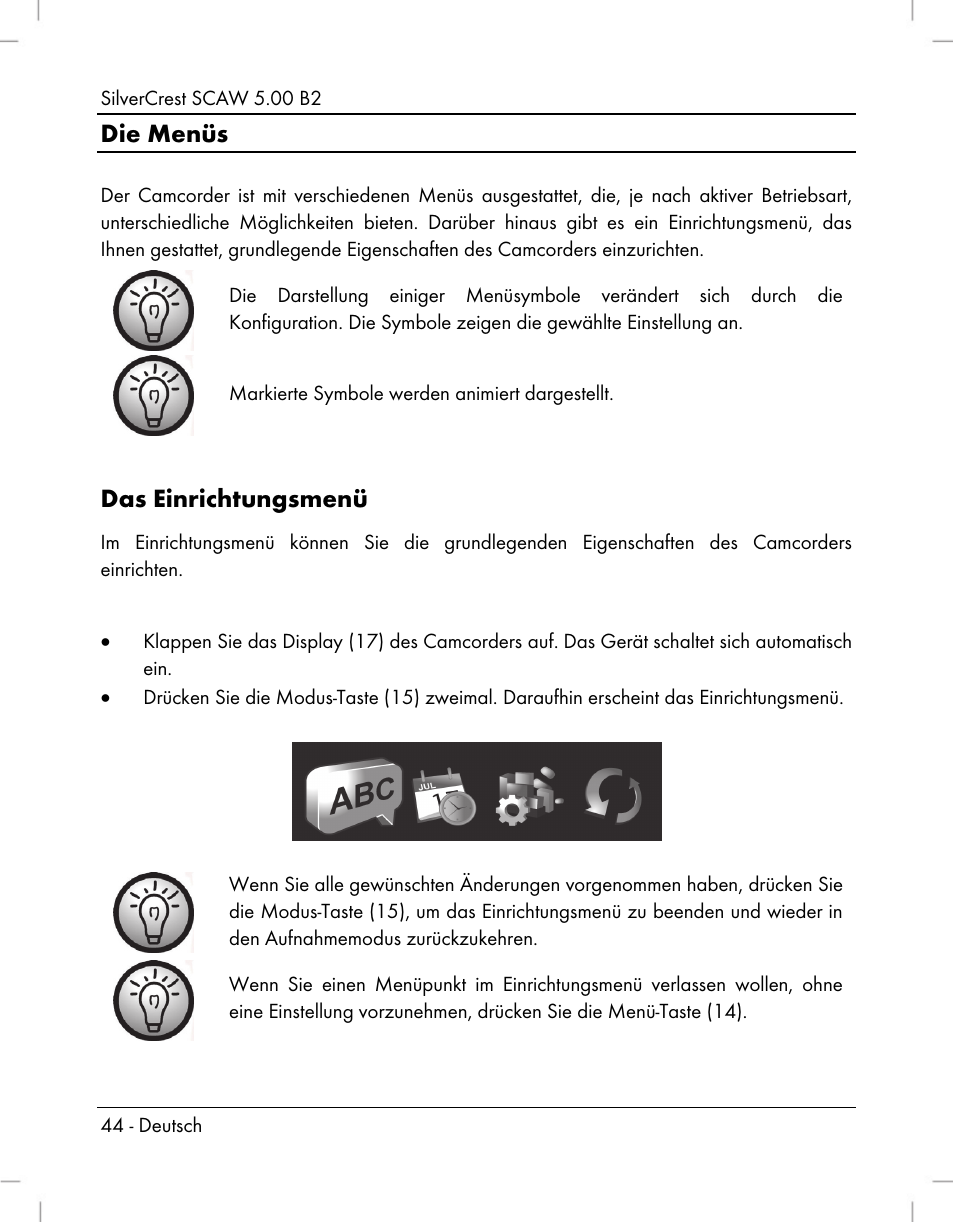 Die menüs, Das einrichtungsmenü | Silvercrest SCAW 5.00 B2 User Manual | Page 46 / 364