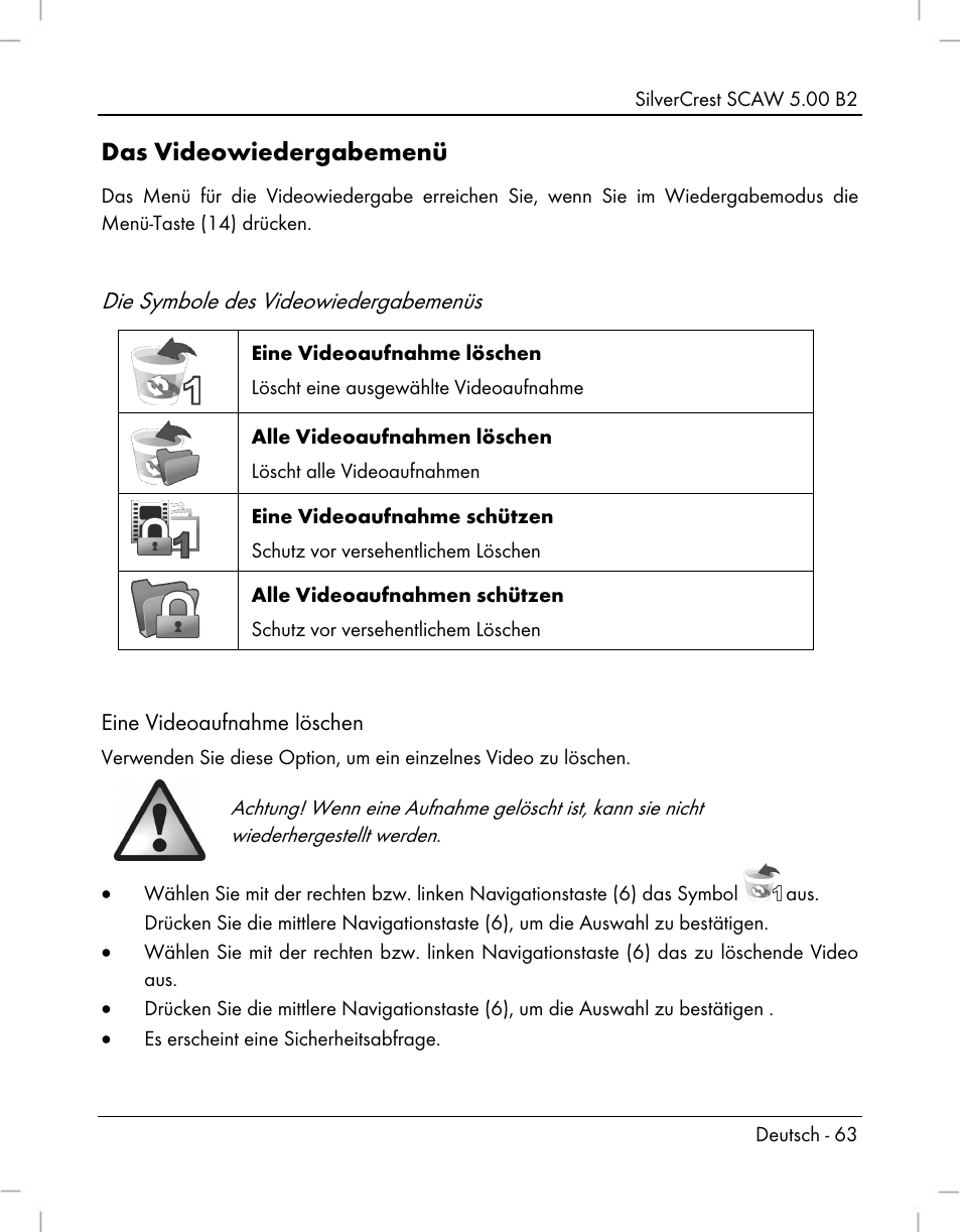 Das videowiedergabemenü, Die symbole des videowiedergabemenüs | Silvercrest SCAW 5.00 B2 User Manual | Page 65 / 364