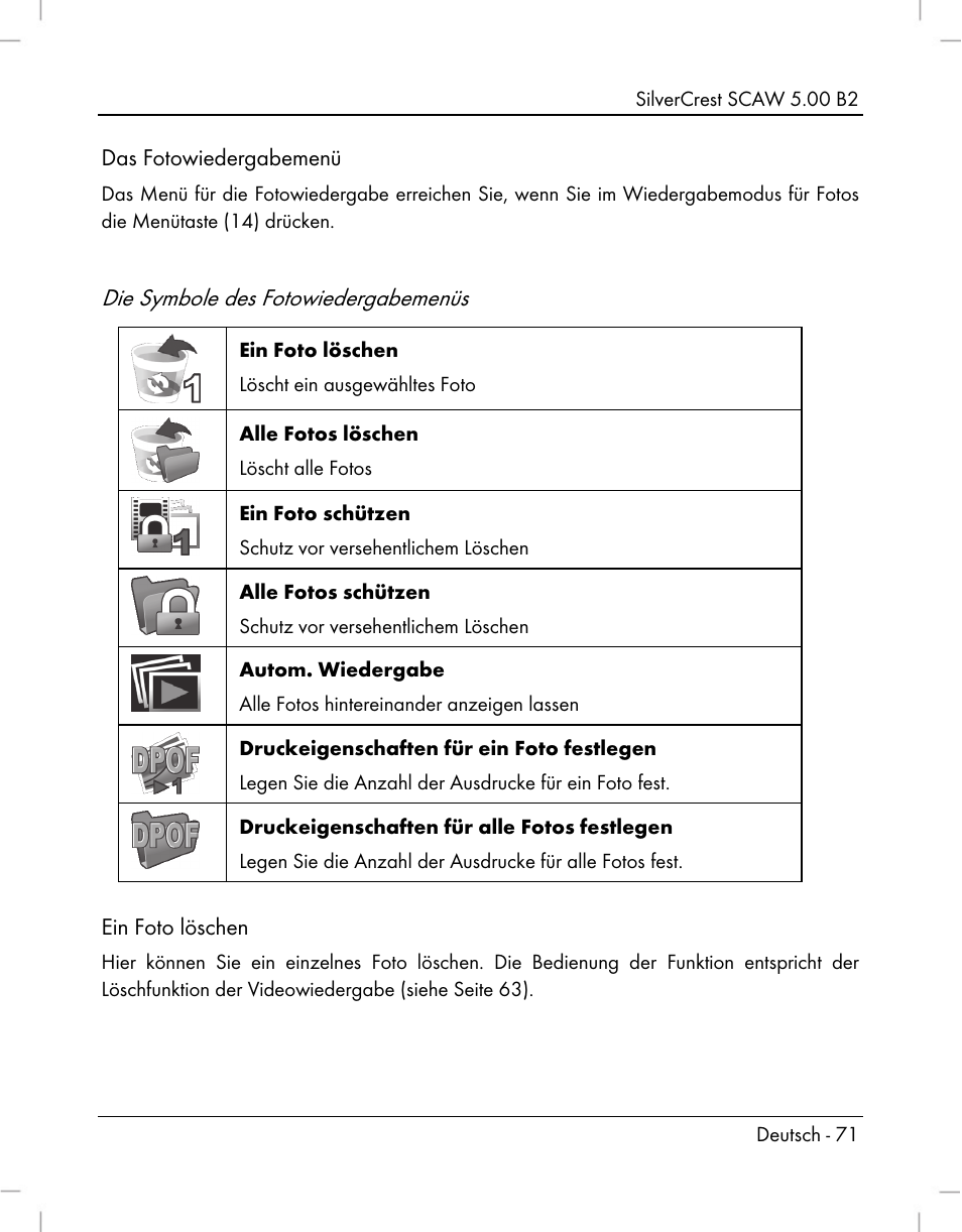 Die symbole des fotowiedergabemenüs | Silvercrest SCAW 5.00 B2 User Manual | Page 73 / 364
