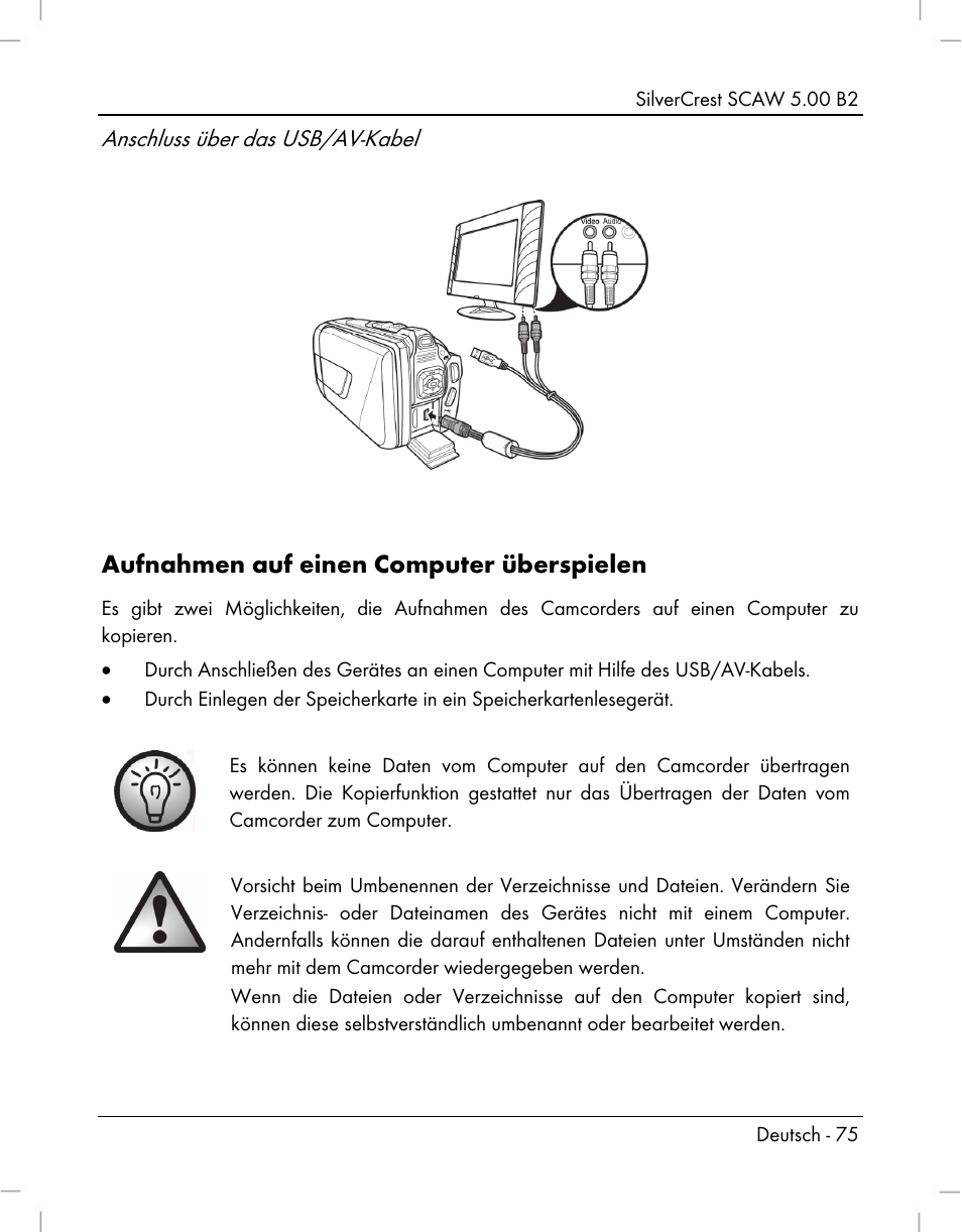 Aufnahmen auf einen computer überspielen, Anschluss über das usb/av-kabel | Silvercrest SCAW 5.00 B2 User Manual | Page 77 / 364