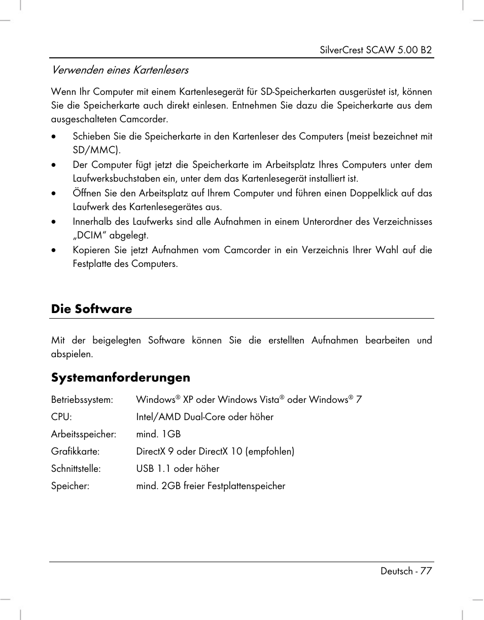 Die software, Systemanforderungen, Verwenden eines kartenlesers | Silvercrest SCAW 5.00 B2 User Manual | Page 79 / 364