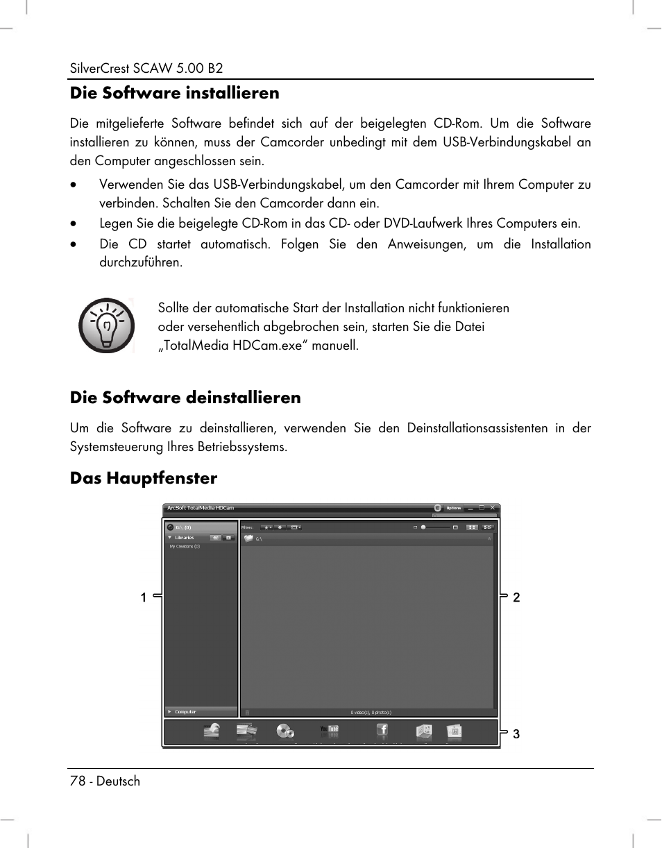 Die software installieren, Die software deinstallieren, Das hauptfenster | Silvercrest SCAW 5.00 B2 User Manual | Page 80 / 364