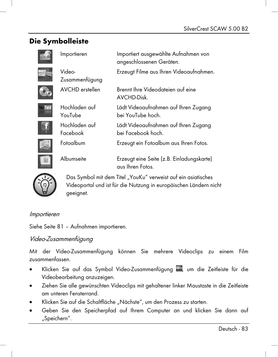 Die symbolleiste, Importieren, Video-zusammenfügung | Silvercrest SCAW 5.00 B2 User Manual | Page 85 / 364