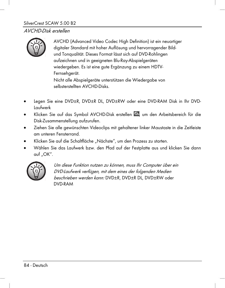 Avchd-disk erstellen | Silvercrest SCAW 5.00 B2 User Manual | Page 86 / 364