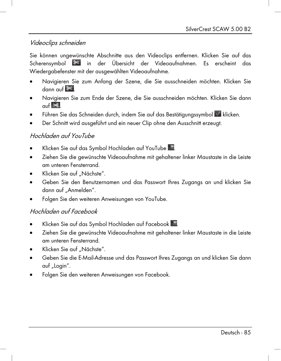 Videoclips schneiden, Hochladen auf youtube, Hochladen auf facebook | Silvercrest SCAW 5.00 B2 User Manual | Page 87 / 364