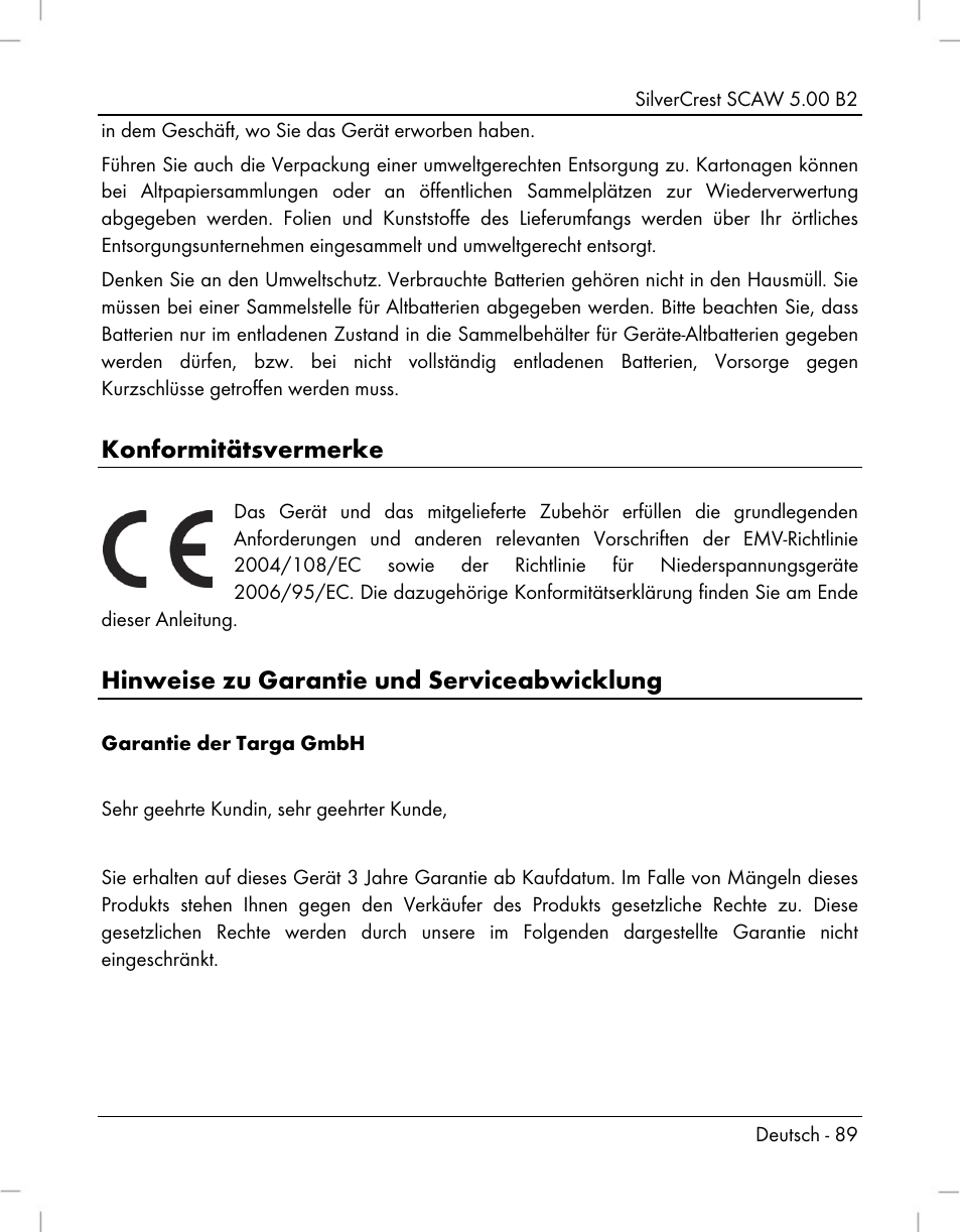 Konformitätsvermerke, Hinweise zu garantie und serviceabwicklung | Silvercrest SCAW 5.00 B2 User Manual | Page 91 / 364