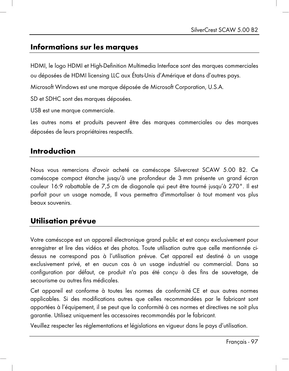 Informations sur les marques, Introduction, Utilisation prévue | Silvercrest SCAW 5.00 B2 User Manual | Page 99 / 364