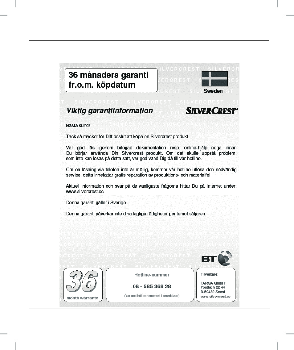 Garanti | Silvercrest OM1008-SL User Manual | Page 73 / 100