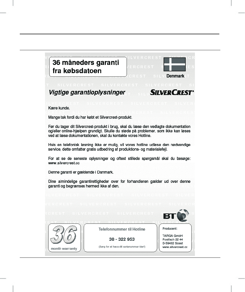 Garantioplysninger | Silvercrest OM1008-SL User Manual | Page 96 / 100