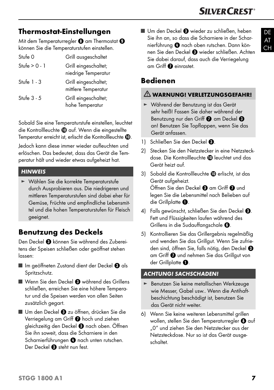 Thermostat-einstellungen, Benutzung des deckels, Bedienen | Silvercrest STGG 1800 A1 User Manual | Page 10 / 68