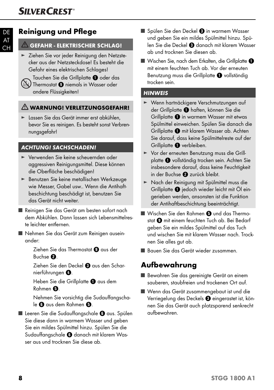 Reinigung und pﬂ ege, Aufbewahrung | Silvercrest STGG 1800 A1 User Manual | Page 11 / 68