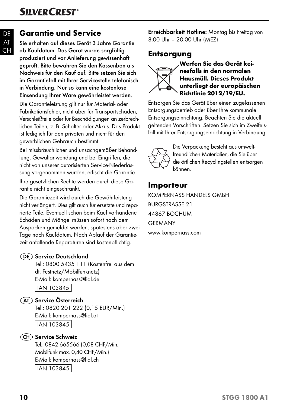 Garantie und service, Entsorgung, Importeur | Silvercrest STGG 1800 A1 User Manual | Page 13 / 68