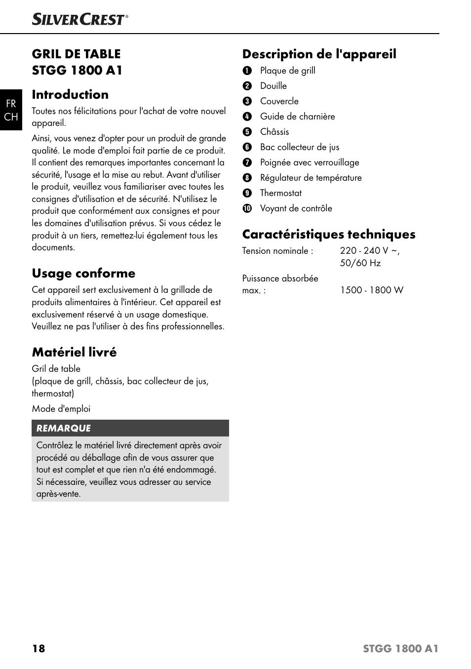 Usage conforme, Matériel livré, Description de l'appareil | Caractéristiques techniques | Silvercrest STGG 1800 A1 User Manual | Page 21 / 68