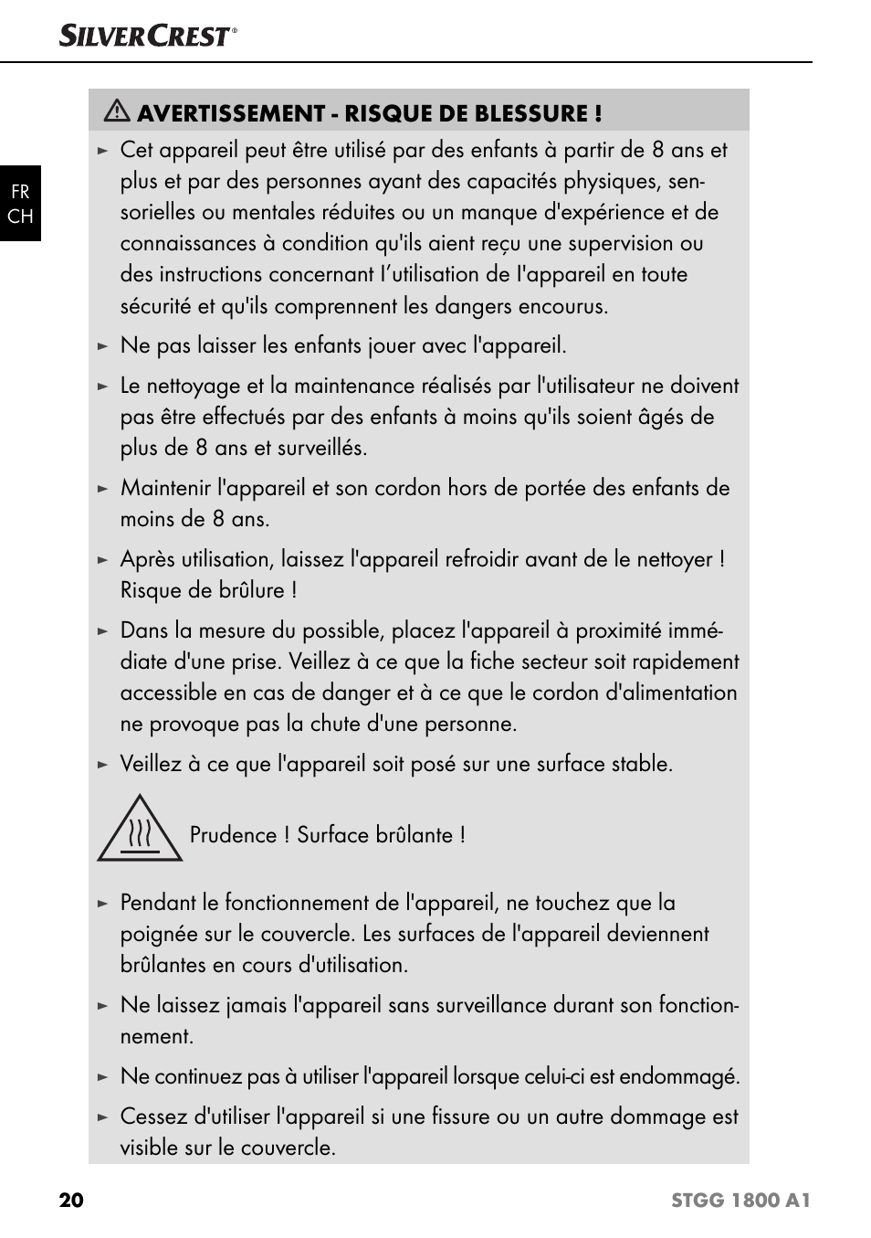 Avertissement - risque de blessure, Ne pas laisser les enfants jouer avec l'appareil | Silvercrest STGG 1800 A1 User Manual | Page 23 / 68