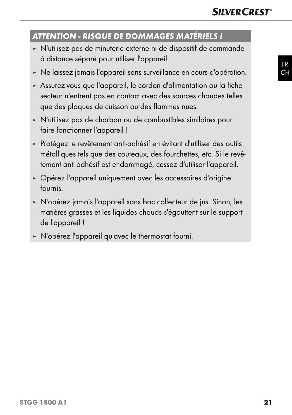 Attention - risque de dommages matériels, N'opérez l'appareil qu'avec le thermostat fourni | Silvercrest STGG 1800 A1 User Manual | Page 24 / 68