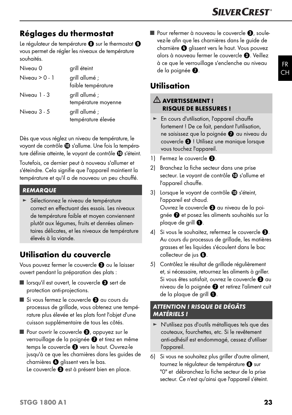 Réglages du thermostat, Utilisation du couvercle, Utilisation | Silvercrest STGG 1800 A1 User Manual | Page 26 / 68