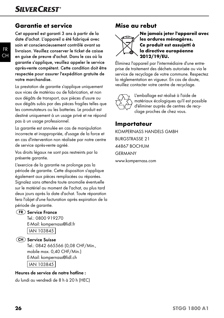 Garantie et service, Mise au rebut, Importateur | Silvercrest STGG 1800 A1 User Manual | Page 29 / 68
