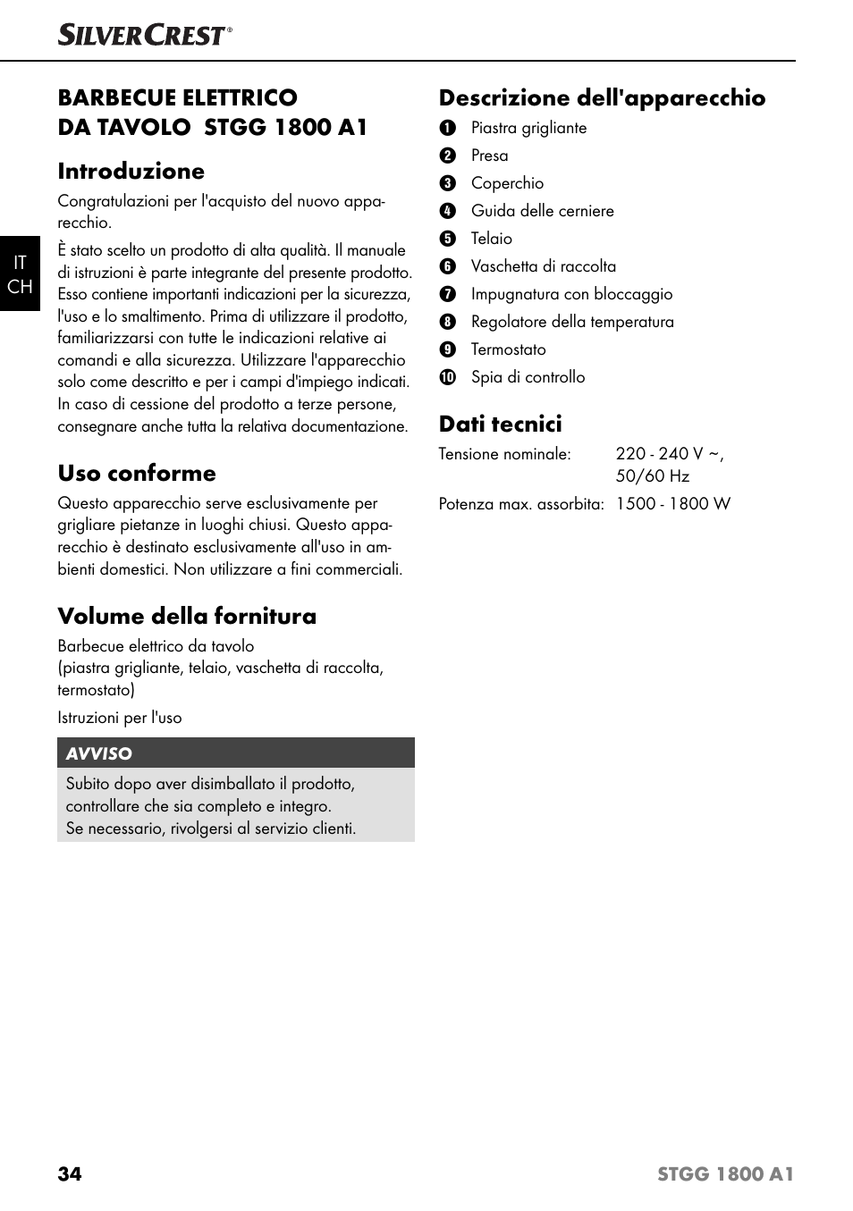 Uso conforme, Volume della fornitura, Descrizione dell'apparecchio | Dati tecnici | Silvercrest STGG 1800 A1 User Manual | Page 37 / 68