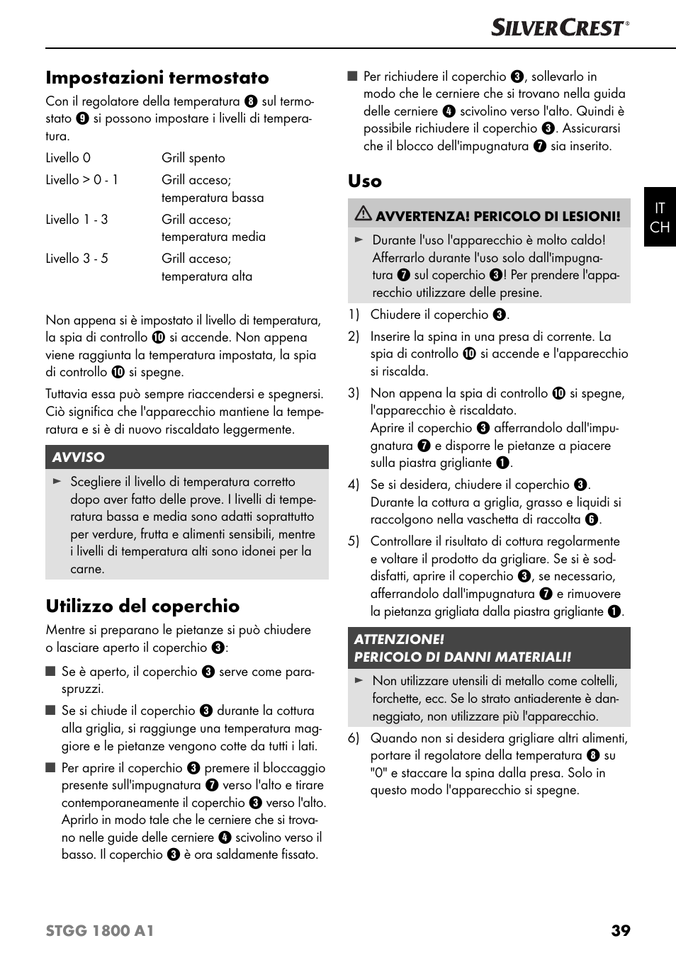 Impostazioni termostato, Utilizzo del coperchio | Silvercrest STGG 1800 A1 User Manual | Page 42 / 68